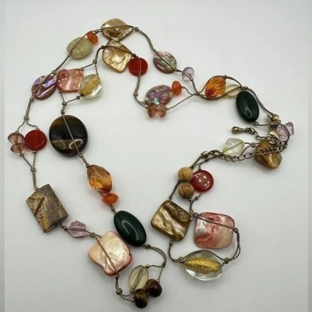 Lia Sophia mother of pearl, glass, tigers eye, picture jasper beaded necklace!